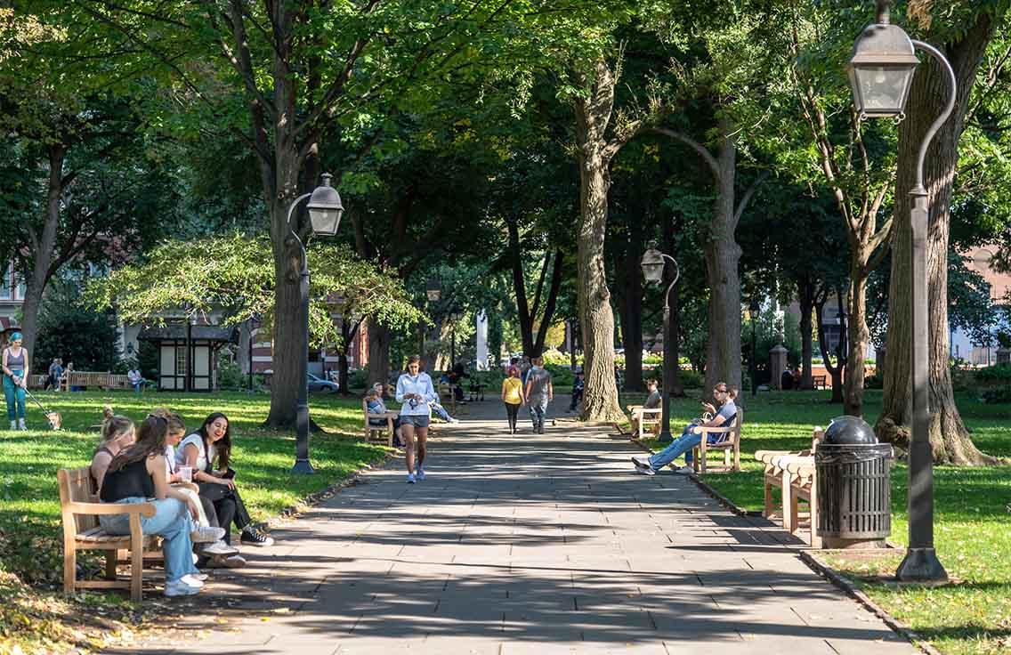 Park with wide walkways, tall trees, and people on benches.