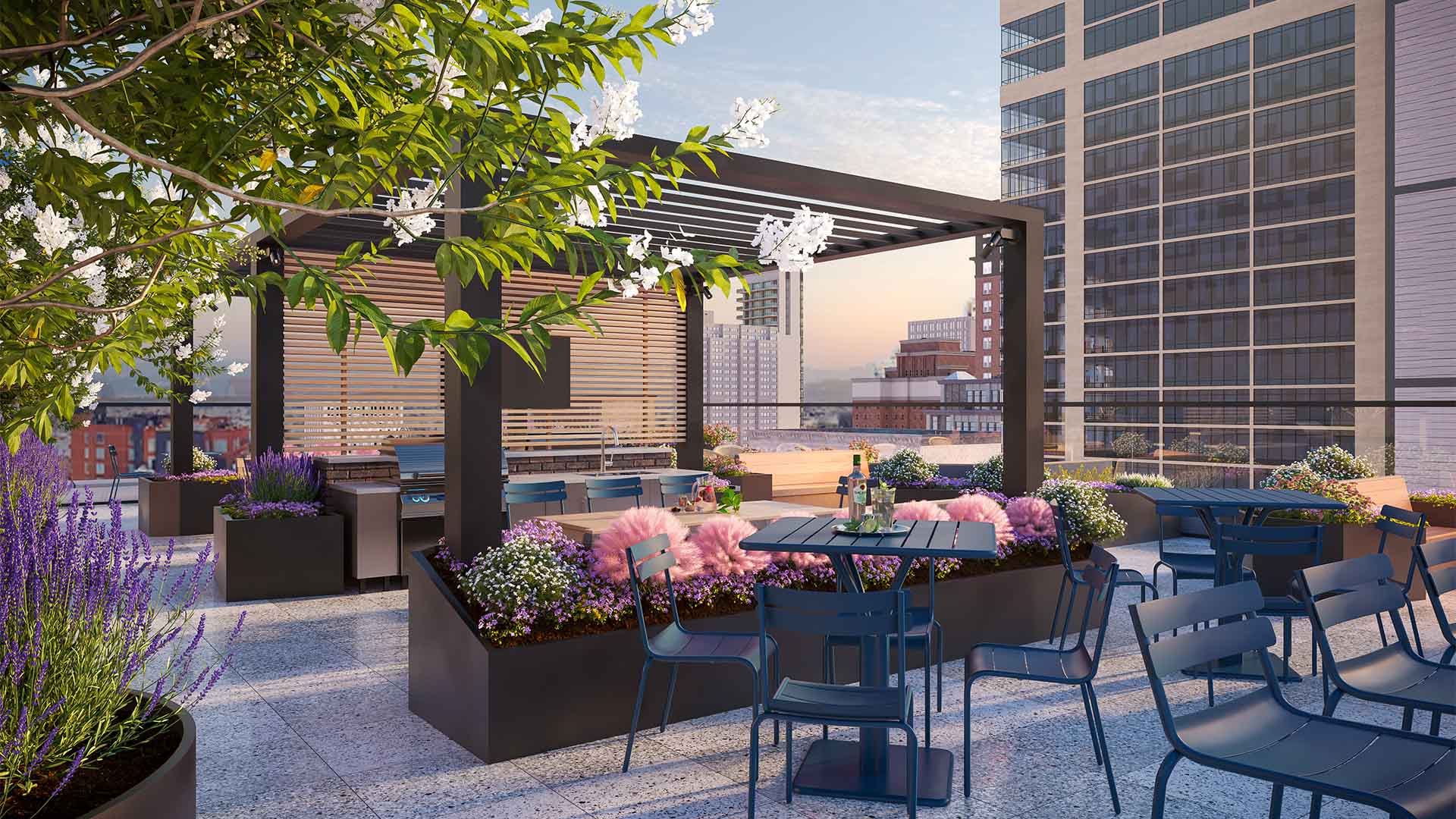 Rendering of Jessup House rooftop lounge with lush flowers and comfortable seating.