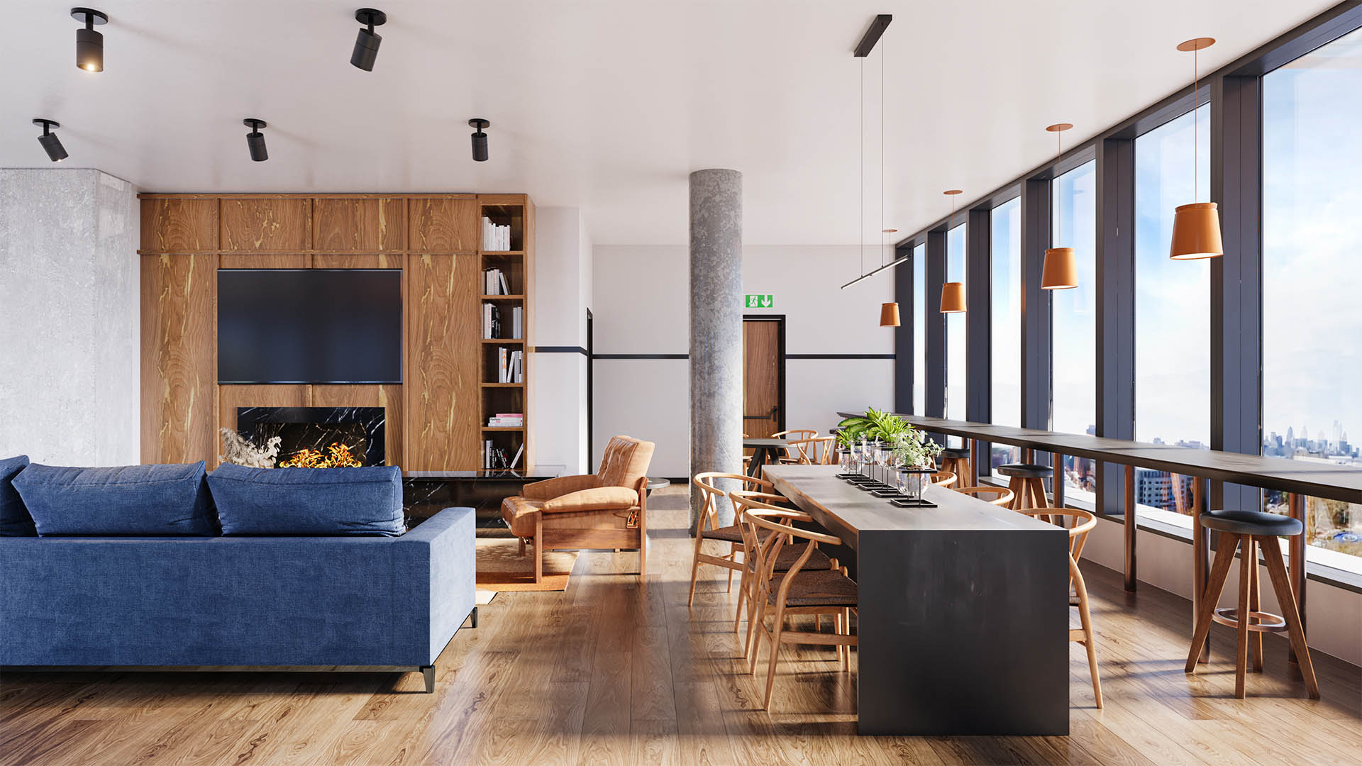 Rendering of lounge with plush seating, wall mounted TV, and large windows.