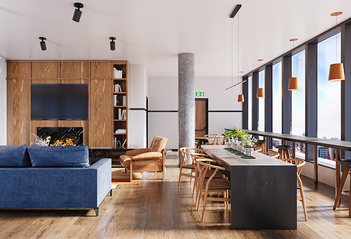 Rendering of lounge with plush seating, wall mounted TV, and large windows.