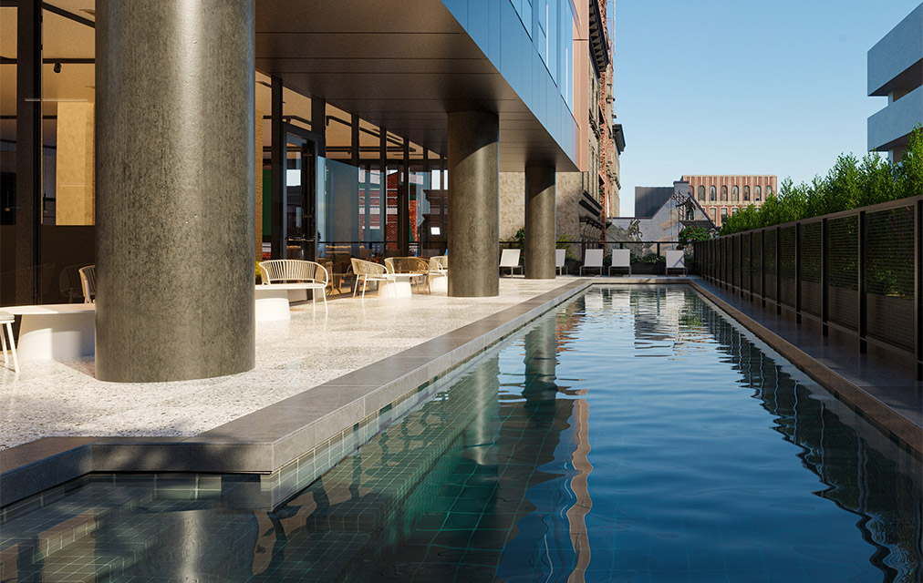 Rendering of Jessup House pool area with outdoor seating and large windows.
