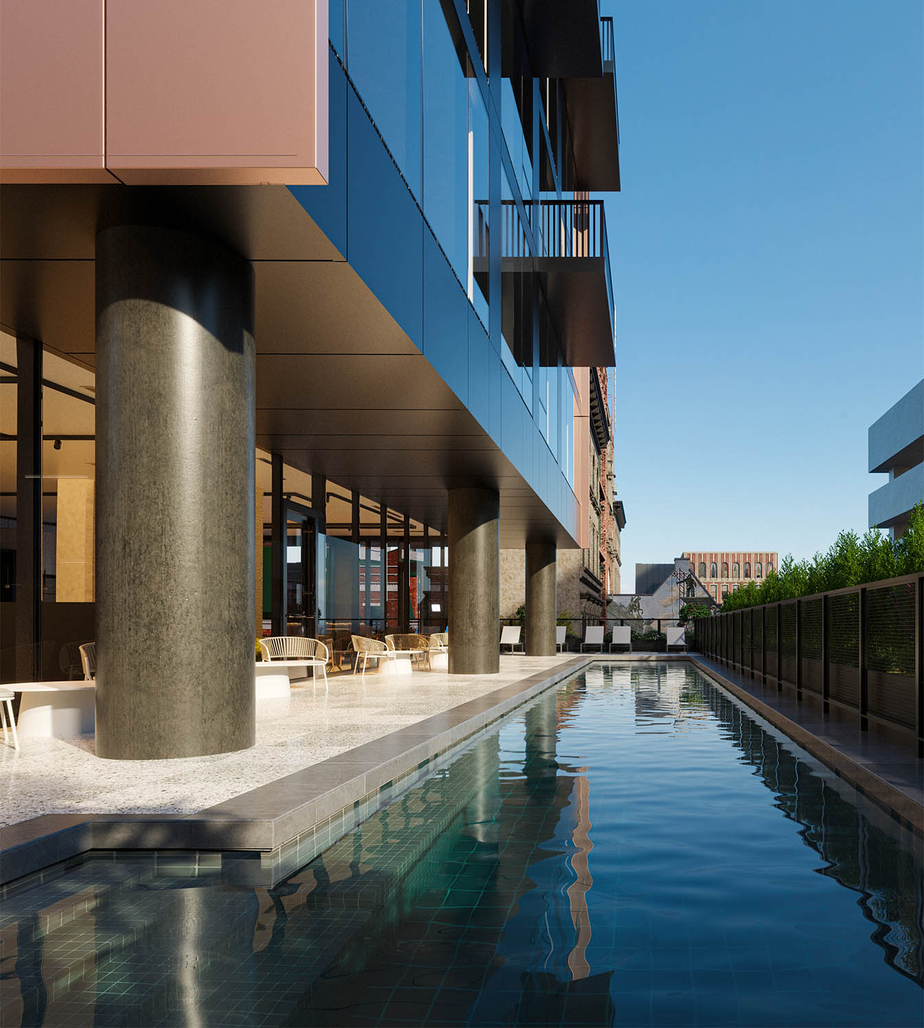 Rendering of pool area with outdoor seating overlooked by apartment balconies.