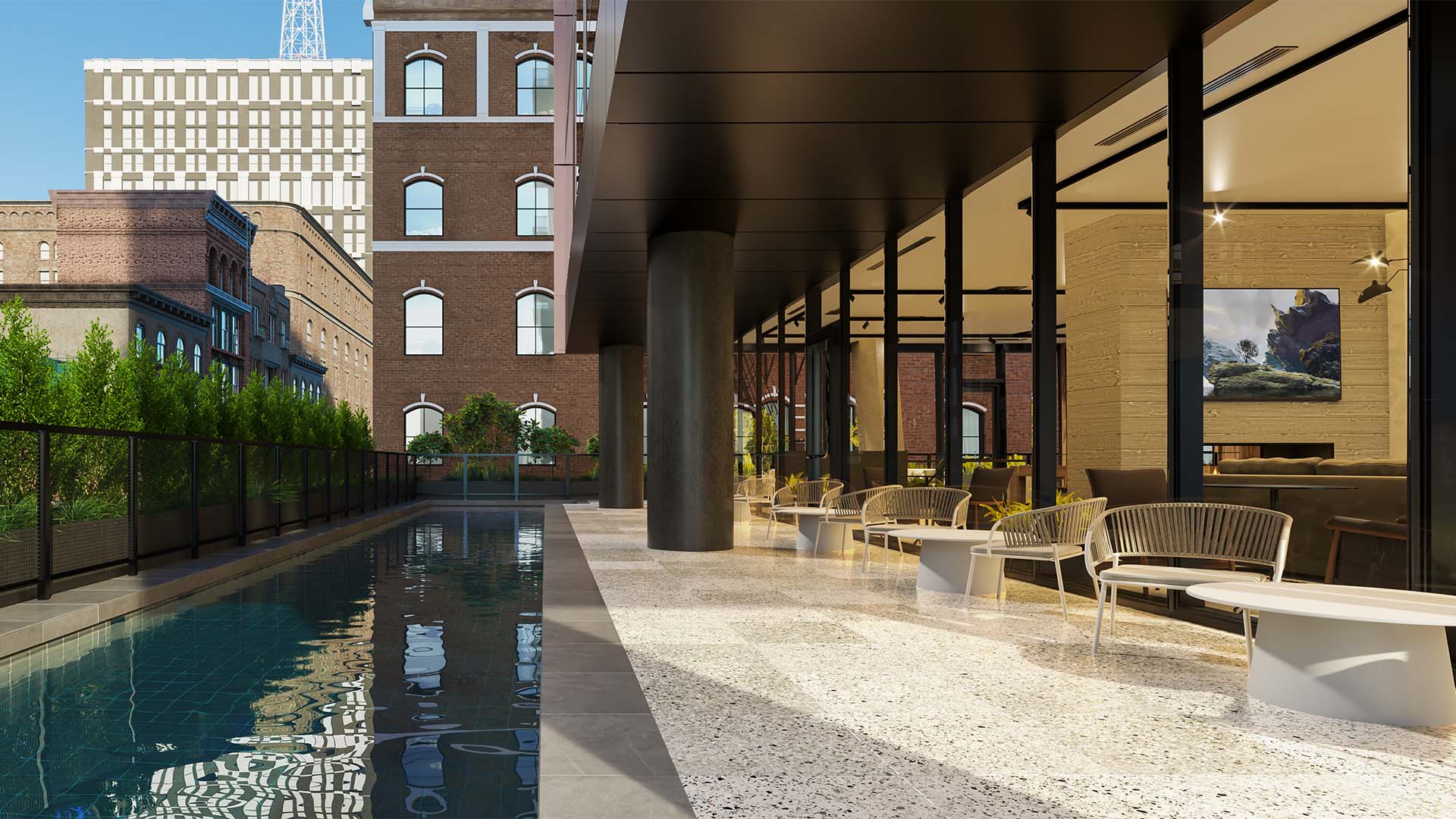 Rendering of pool area with outdoor seating and large windows.