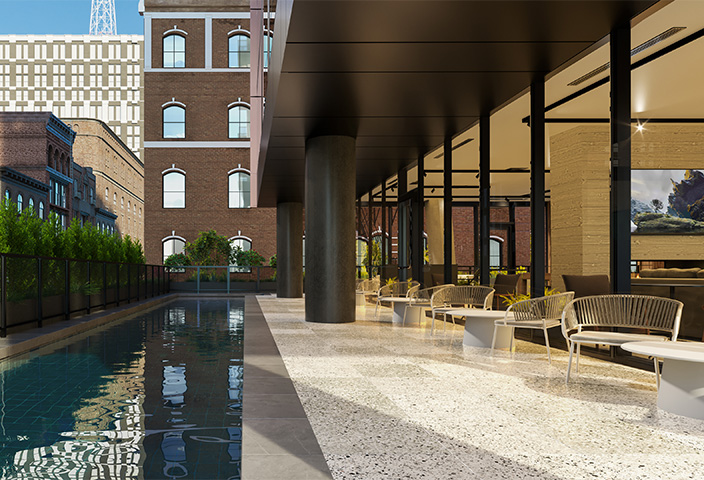 Rendering of pool area with seating and large glass wall.