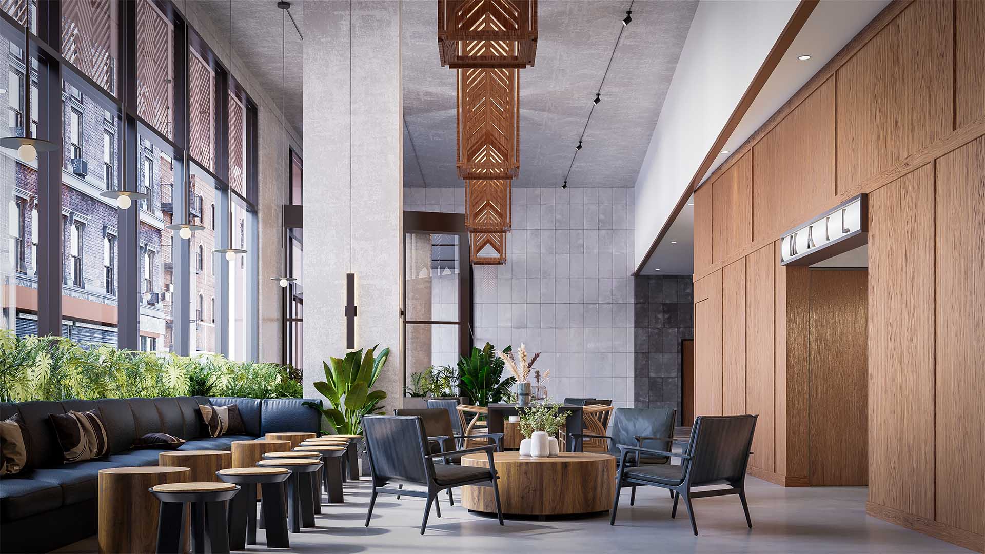Rendering of Jessup House lobby with plush furniture and two story windows.