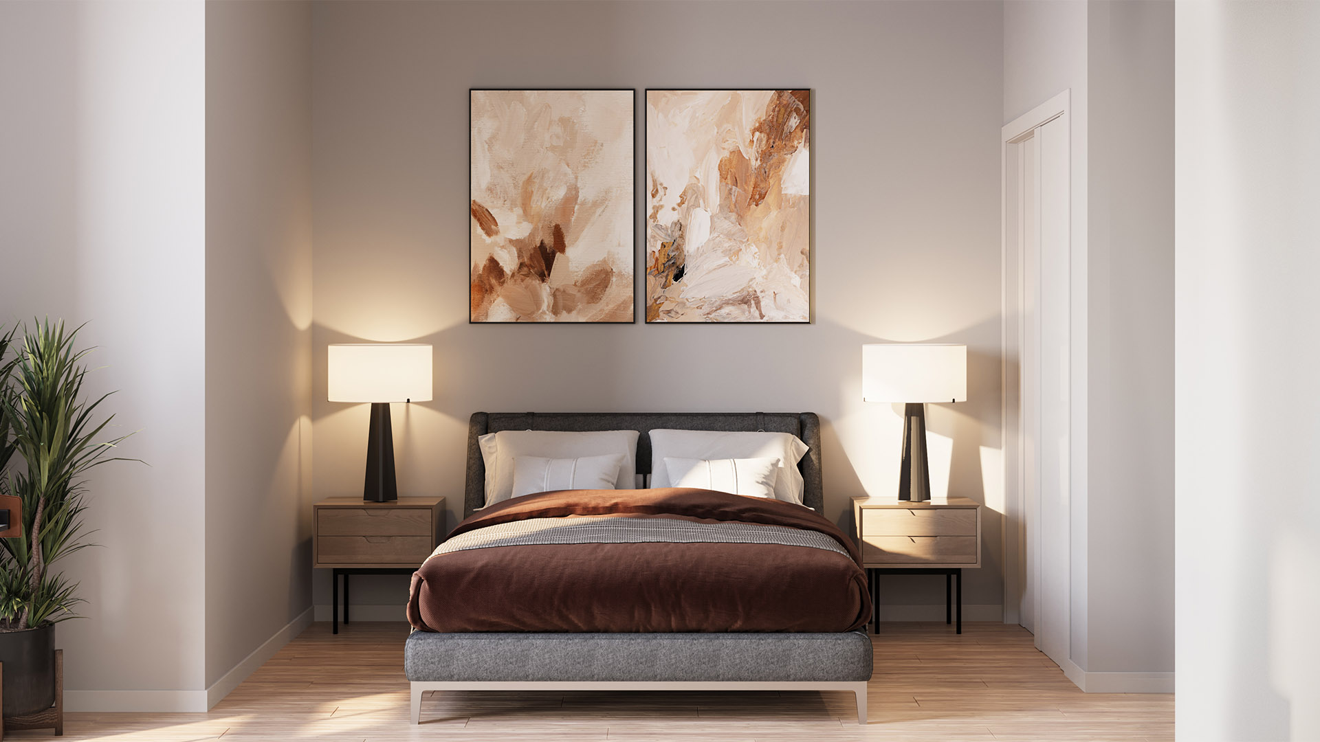 Rendering of bedroom with plush bed, bedside tables with lamps, and framed artwork.
