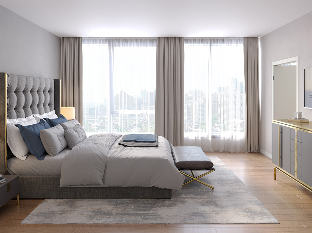 Rendering of bedroom with plush bed, rug, and large windows.