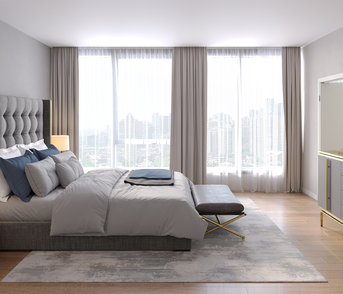 Rendering of bedroom with plush bed, rug, and large windows.