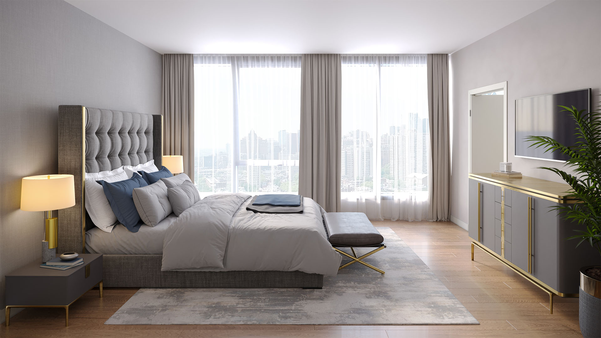 Rendering of bedroom with plush bed, rug, and large windows.