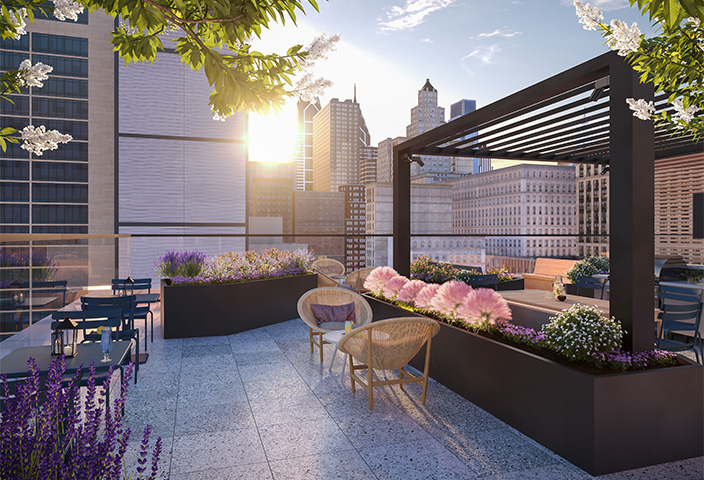 Rendering of rooftop patio overlooking Philadelphia.