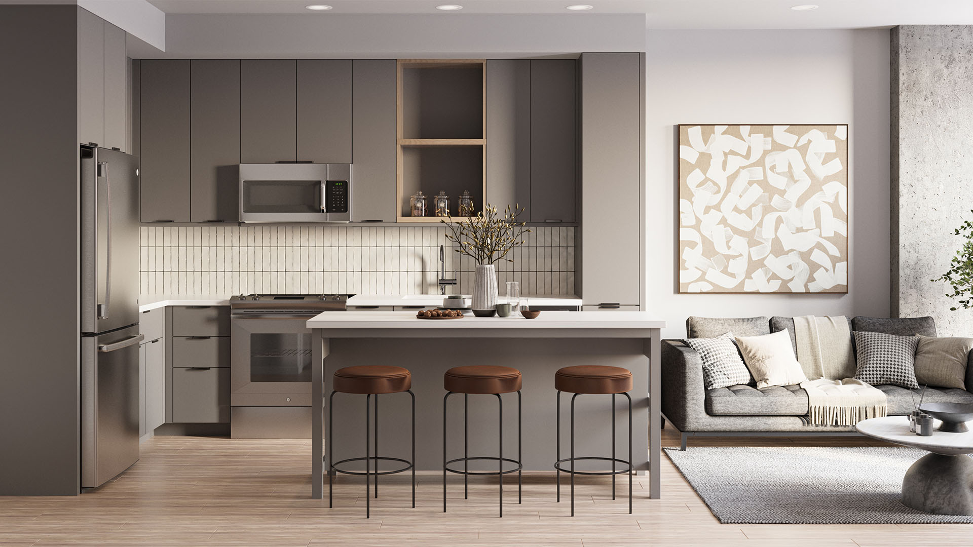 Rendering of Jessup House apartment kitchen with modern style and comfortable furniture.