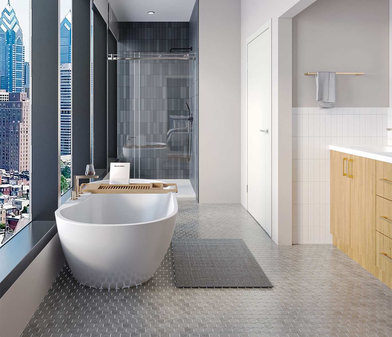 Rendering of bathroom with large soaking tub, wood cabinets, and large windows.