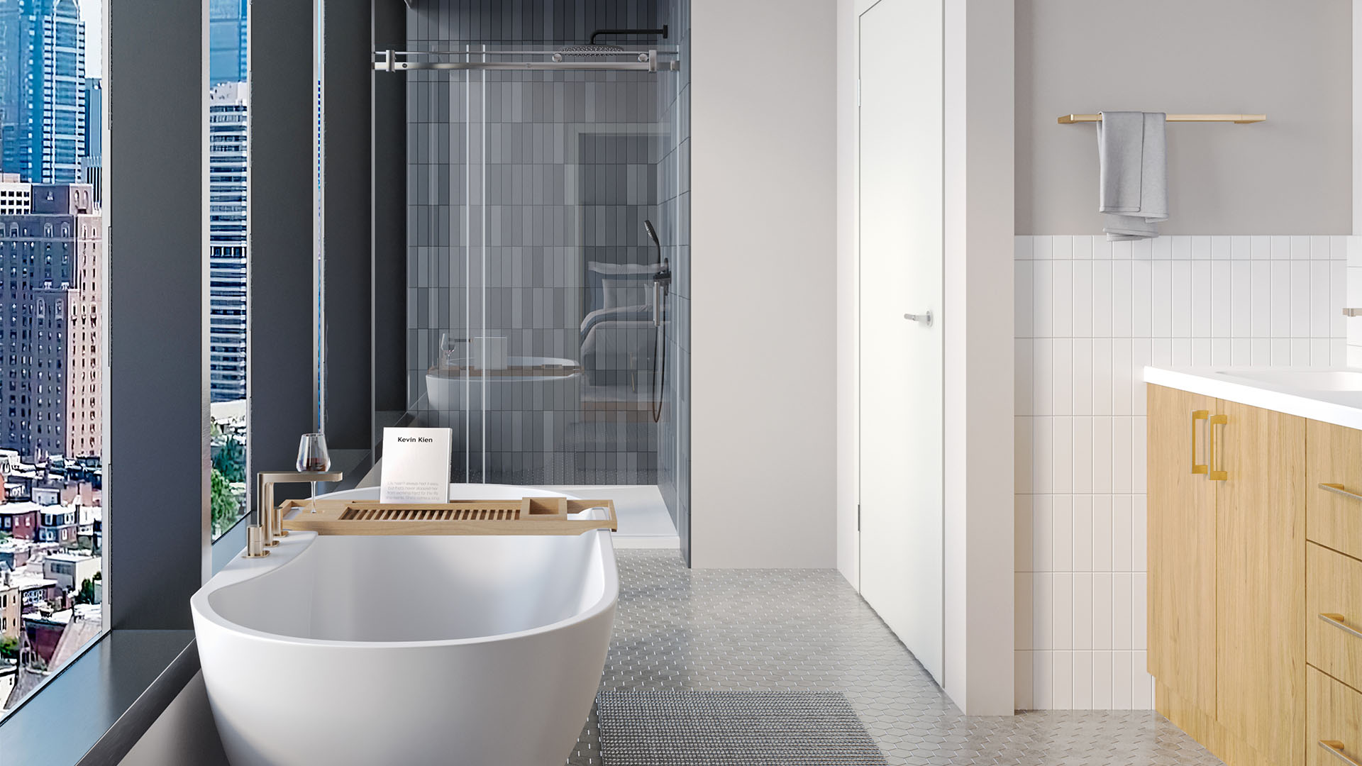 Rendering of bathroom with large soaking tub, wood cabinets, and large windows.