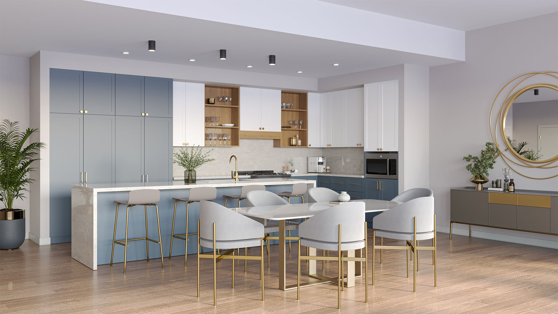 Rendering of penthouse kitchen with modern design and comfortable seating.