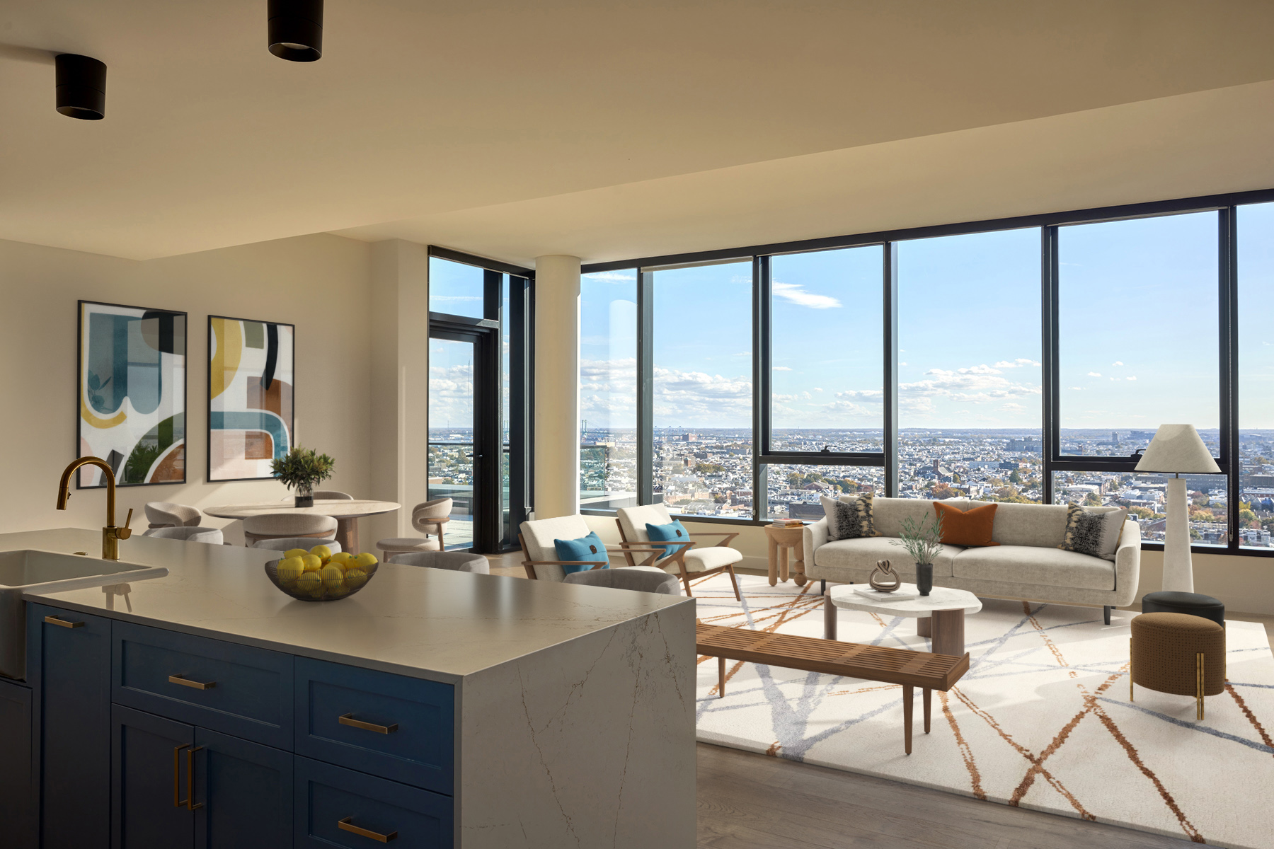 Penthouse living rooms offer ample space and bright floor to ceiling windows.