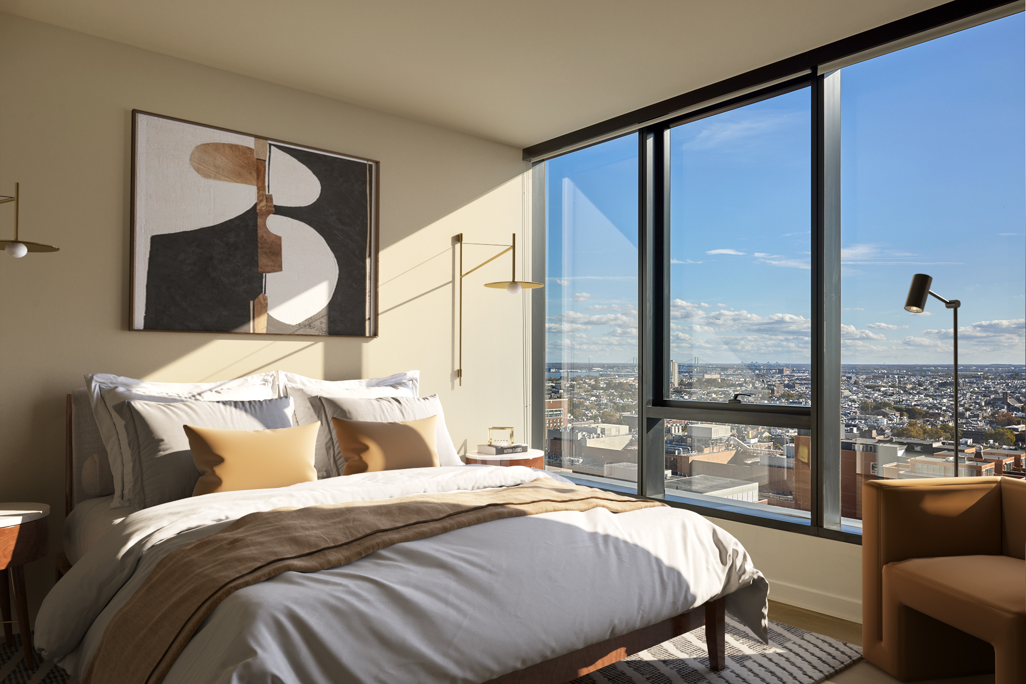 Our penthouses feature large bedrooms with floor to ceiling windows.