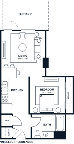 Rendering of the A5U floor plan with 1 bedroom[s] and 1 bathroom[s] at Jessup House