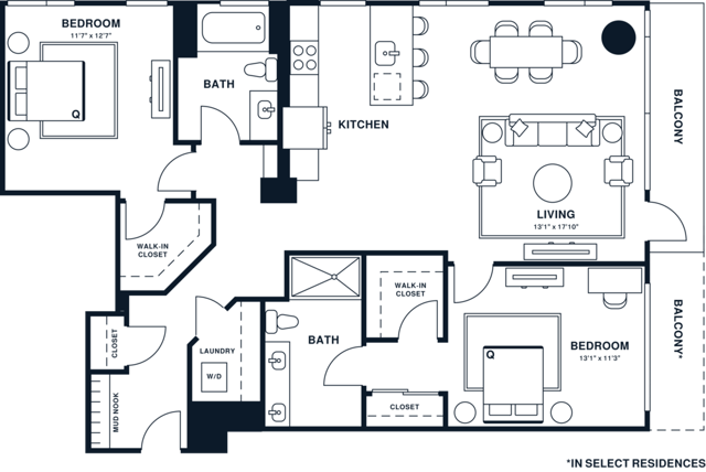 Rendering of the B19 floor plan with 2 bedroom[s] and 2 bathroom[s] at Jessup House