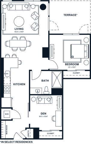 Rendering of the A15D floor plan with 1 bedroom[s] and 1 bathroom[s] at Jessup House