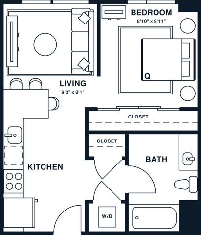 Rendering of the A1U floor plan with 1 bedroom[s] and 1 bathroom[s] at Jessup House