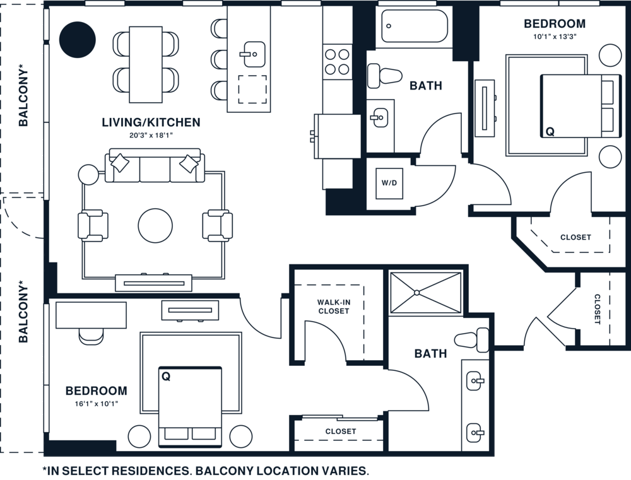 Rendering of the B12 floor plan with 2 bedroom[s] and 2 bathroom[s] at Jessup House
