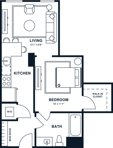 Rendering of the A3U floor plan with 1 bedroom[s] and 1 bathroom[s] at Jessup House