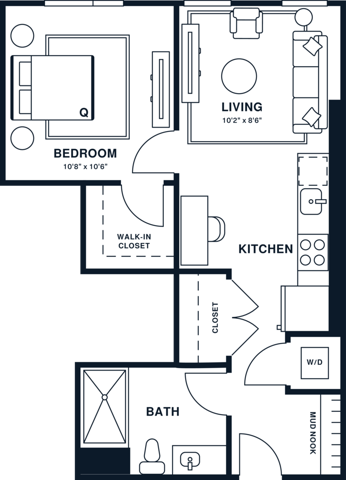 Rendering of the A6 floor plan with 1 bedroom[s] and 1 bathroom[s] at Jessup House