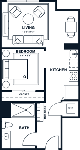 Rendering of the A2U floor plan with 1 bedroom[s] and 1 bathroom[s] at Jessup House