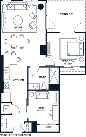 Rendering of the A15D floor plan with 1 bedroom[s] and 1 bathroom[s] at Jessup House