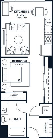 Rendering of the S3 floor plan with a Studio bedroom and 1 bathroom[s] at Jessup House