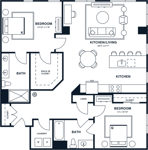 Rendering of the B20PH floor plan with 2 bedroom[s] and 2 bathroom[s] at Jessup House