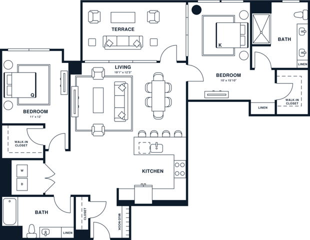 Rendering of the B18PH floor plan with 2 bedroom[s] and 2 bathroom[s] at Jessup House
