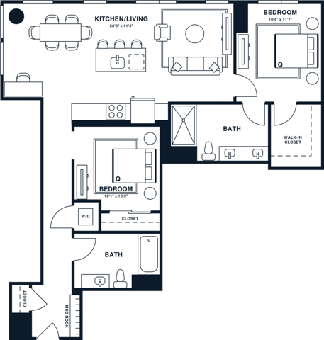 Rendering of the B4U floor plan with 2 bedroom[s] and 2 bathroom[s] at Jessup House
