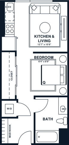 Rendering of the S1 floor plan with a Studio bedroom and 1 bathroom[s] at Jessup House