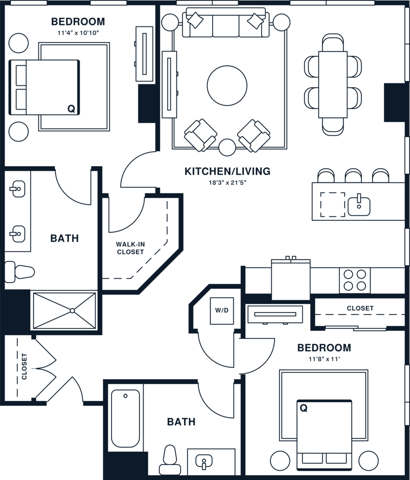Rendering of the B11 floor plan with 2 bedroom[s] and 2 bathroom[s] at Jessup House