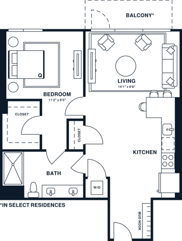 Rendering of the A12 floor plan with 1 bedroom[s] and 1 bathroom[s] at Jessup House