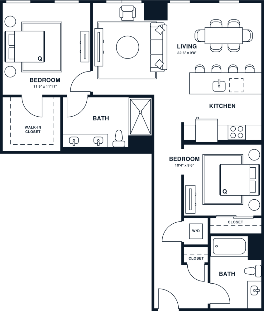 Rendering of the B5U floor plan with 2 bedroom[s] and 2 bathroom[s] at Jessup House