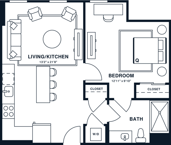 Rendering of the A7 floor plan with 1 bedroom[s] and 1 bathroom[s] at Jessup House