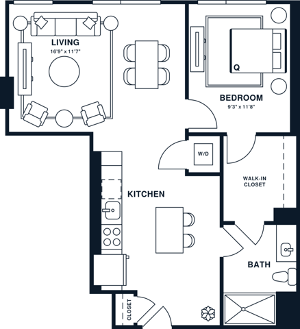 Rendering of the A9 floor plan with 1 bedroom[s] and 1 bathroom[s] at Jessup House