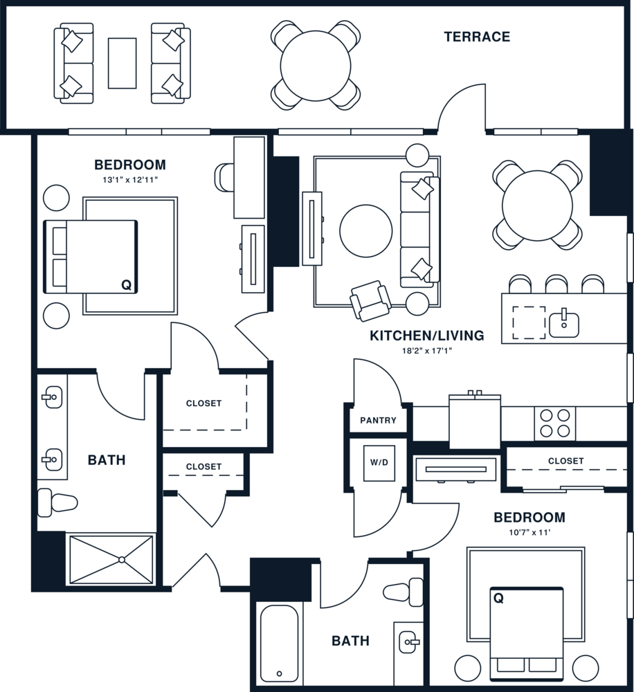 Rendering of the B7 floor plan with 2 bedroom[s] and 2 bathroom[s] at Jessup House