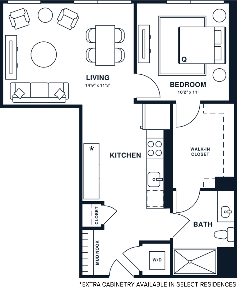 Rendering of the A8 floor plan with 1 bedroom[s] and 1 bathroom[s] at Jessup House