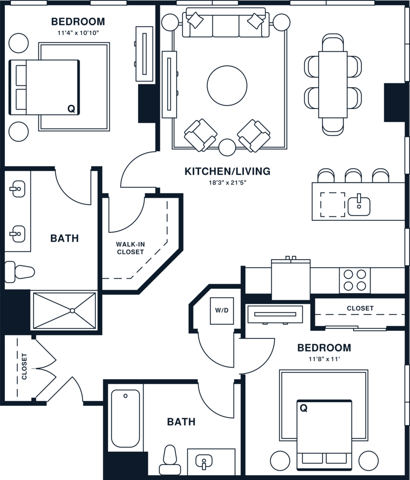 Rendering of the B11 floor plan with 2 bedroom[s] and 2 bathroom[s] at Jessup House