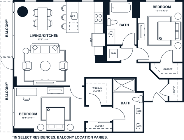 Rendering of the B12 floor plan with 2 bedroom[s] and 2 bathroom[s] at Jessup House
