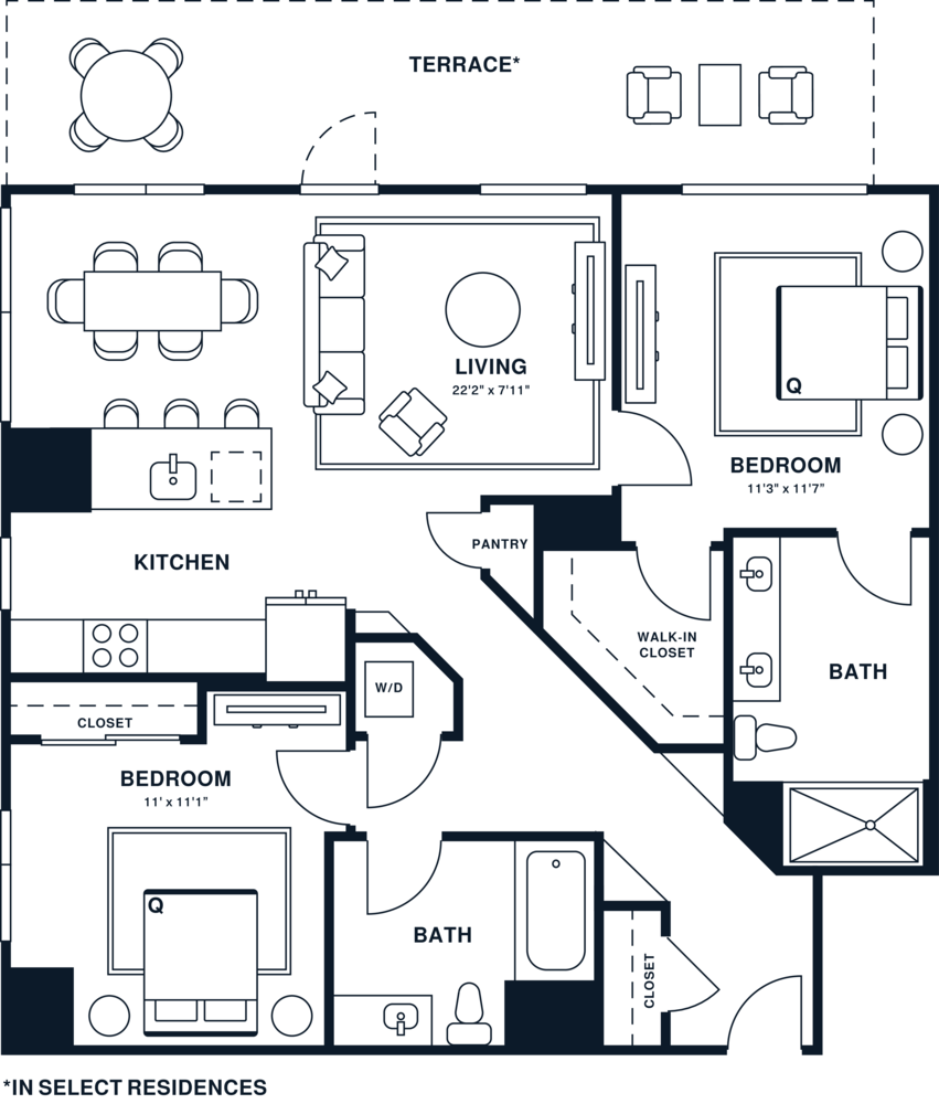 Rendering of the B9 floor plan with 2 bedroom[s] and 2 bathroom[s] at Jessup House