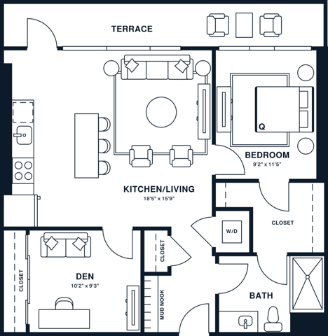 Rendering of the A14D floor plan with 1 bedroom[s] and 1 bathroom[s] at Jessup House