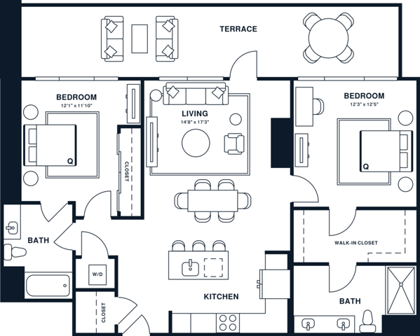 Rendering of the B10 floor plan with 2 bedroom[s] and 2 bathroom[s] at Jessup House