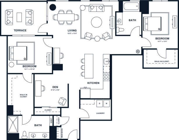 Rendering of the B22D.A floor plan with 2 bedroom[s] and 2 bathroom[s] at Jessup House
