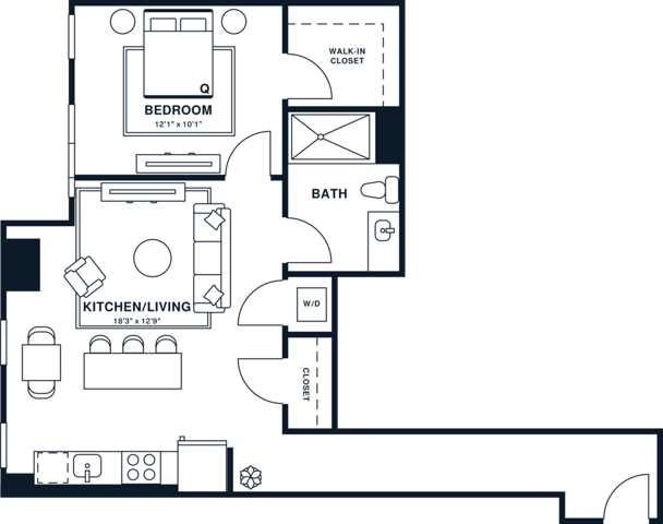 Rendering of the A11 floor plan with 1 bedroom[s] and 1 bathroom[s] at Jessup House
