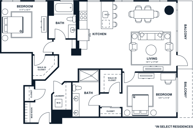 Rendering of the B19 floor plan with 2 bedroom[s] and 2 bathroom[s] at Jessup House